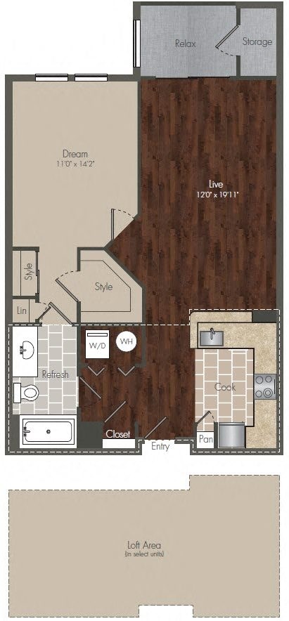Floor plan for 1 bed, 1 bath, 822 sqft